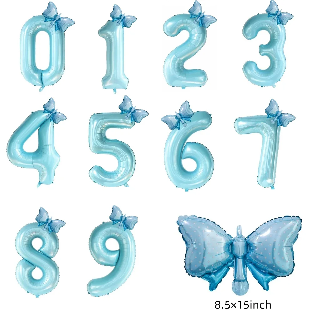 2 Pcs 40 Inch Macaron Pearlescent Blue Numbers Foil Balloon Set Mini Size Bow Balloons for Boys Girls Birthday Party Decoration