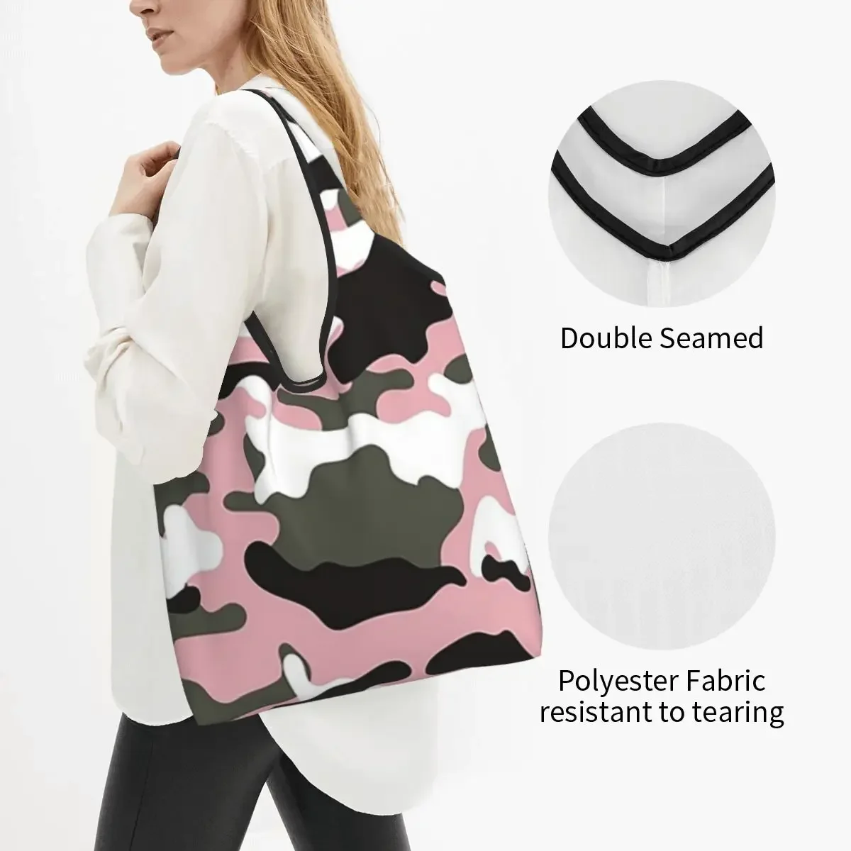 Pink Military Camo Pattern Girls Texture Squad Background Portable Tote Shopping Bags Shopper Bag Groceries Handbag Shoulder Bag