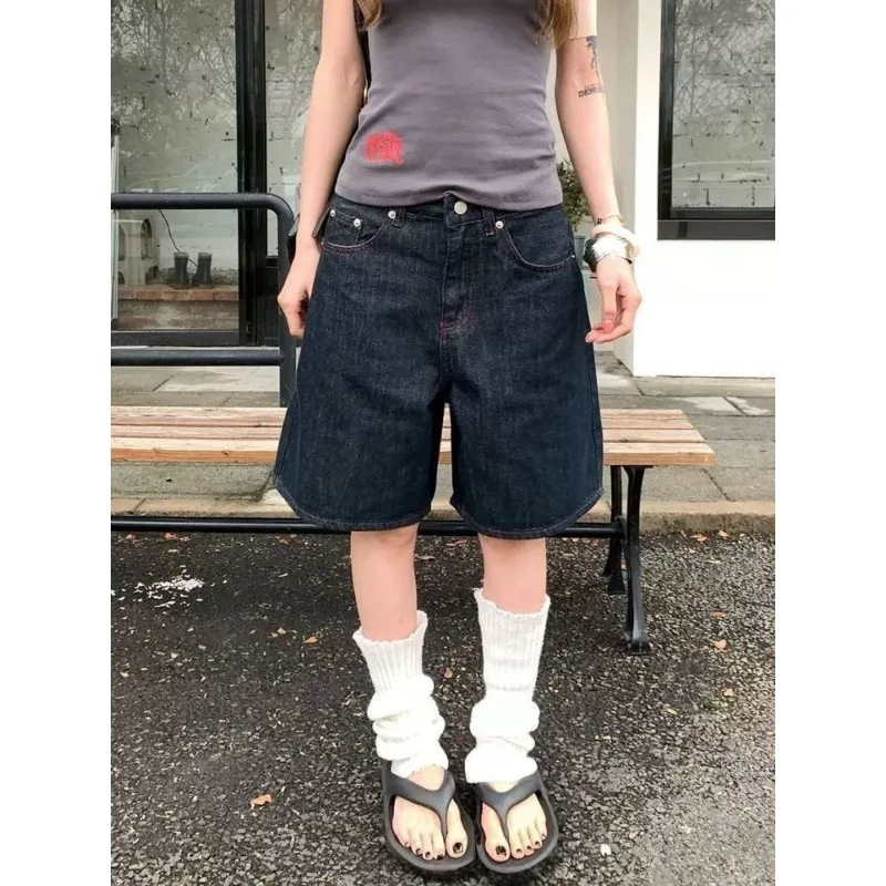 Women American Retro Street Wash Collision Line Design Denim Five-point Pants Women's New Straight Loose and Thin Wide-leg Pants