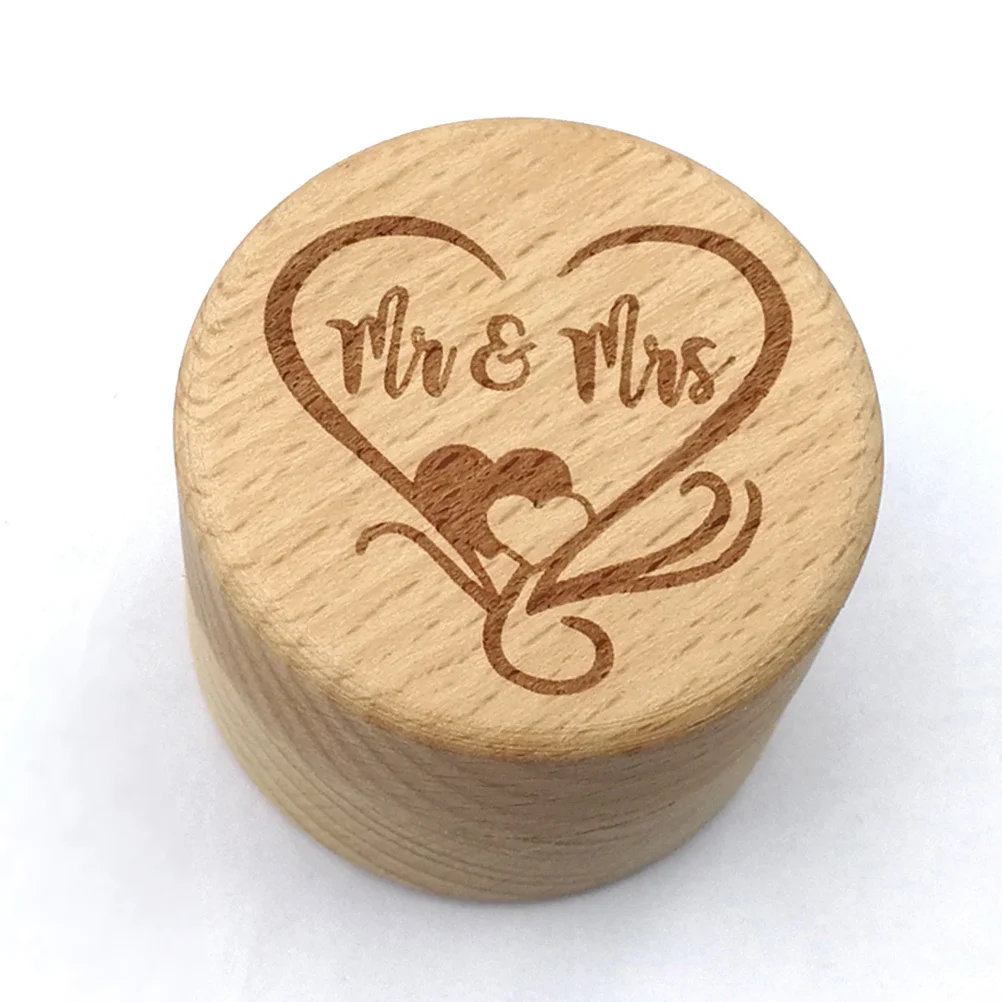 Wooden Vintage Rustic Round Design For Wedding Engagement Rings Holder Mr Mrs Letters Jewelry Storage Display Case Ring