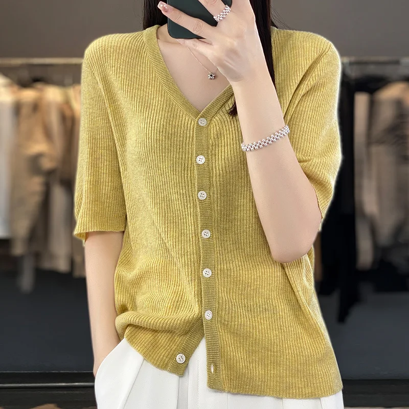 

Women's V-Neck Imitation Wool Short Sleeved Korean High-Quality Summer Elegant Loose Elastic Soft Thin Knit Cardigan T-Shirt Top