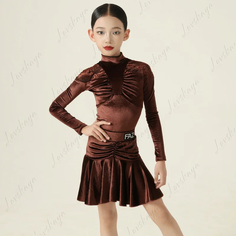 子供用冬春用女の子ラテンダンス練習服、子供用パフォーマンストレーニング・練習服