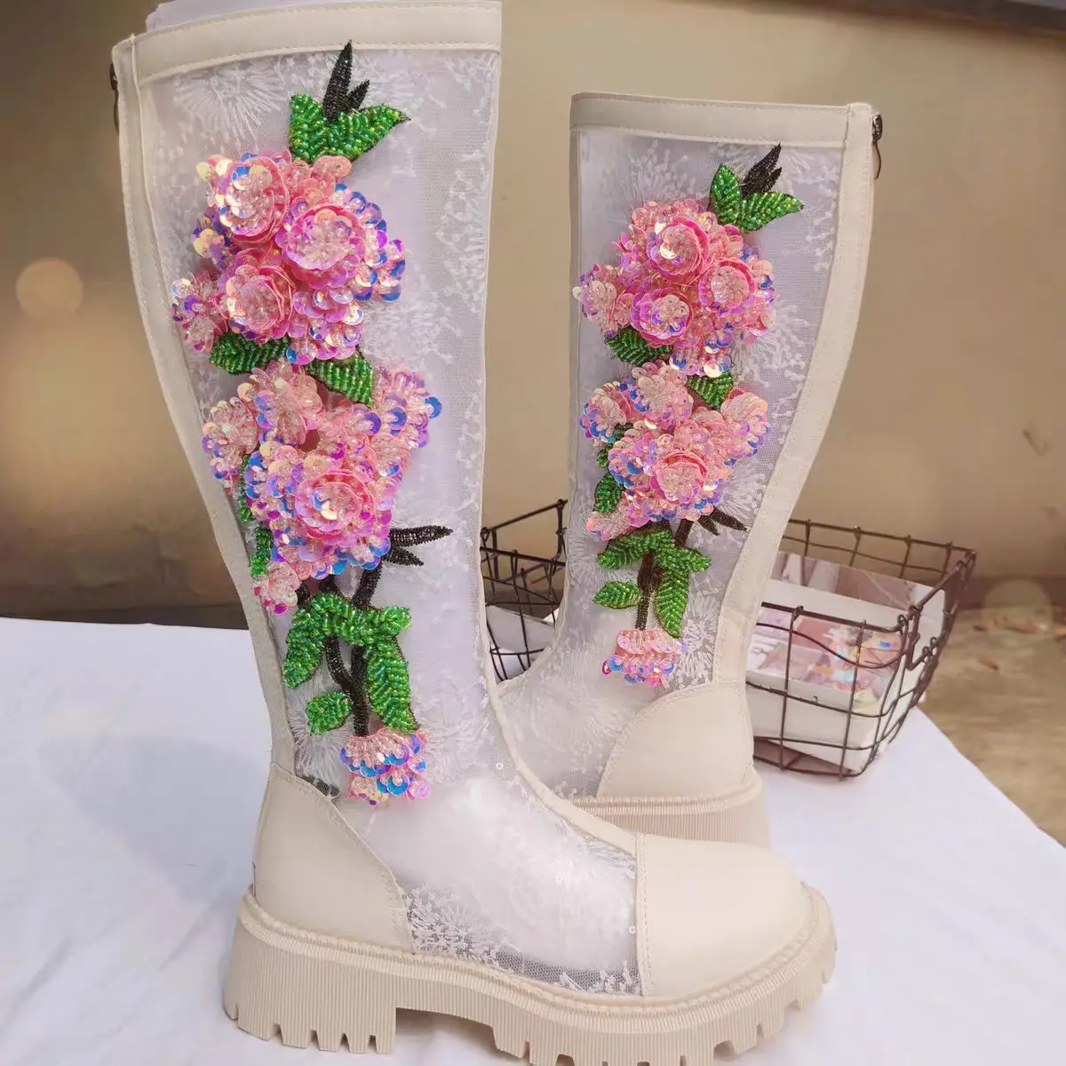 Luxurious beaded sequin rhinestone fringed netting high-heeled boots custom-made in white for women, size 36-39 for parties.