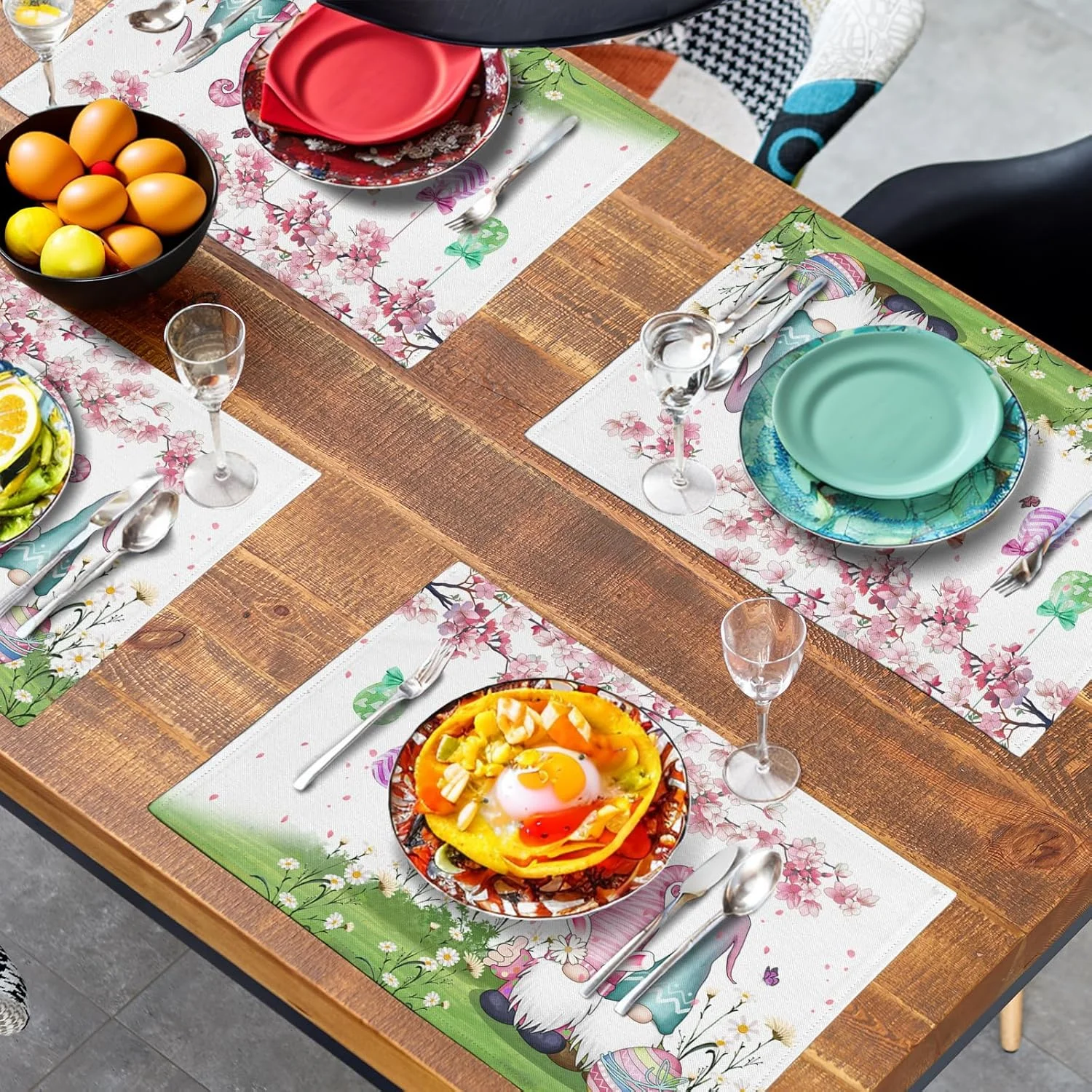 Gnomes Bunny Placemats Set  Easter Eggs Flowers Place Mat Spring Farmhouse Linen Table Mats for Kitchen Dining Outdoor Decor