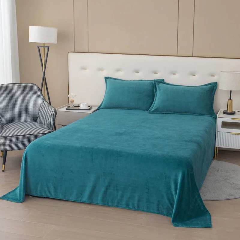 Ultra Soft Micro Fleece Bed Sheet with 2 Pillowcase Milk Velvet Plush Warm Solid Flat Sheet Suitable for Fall Winter and Spring