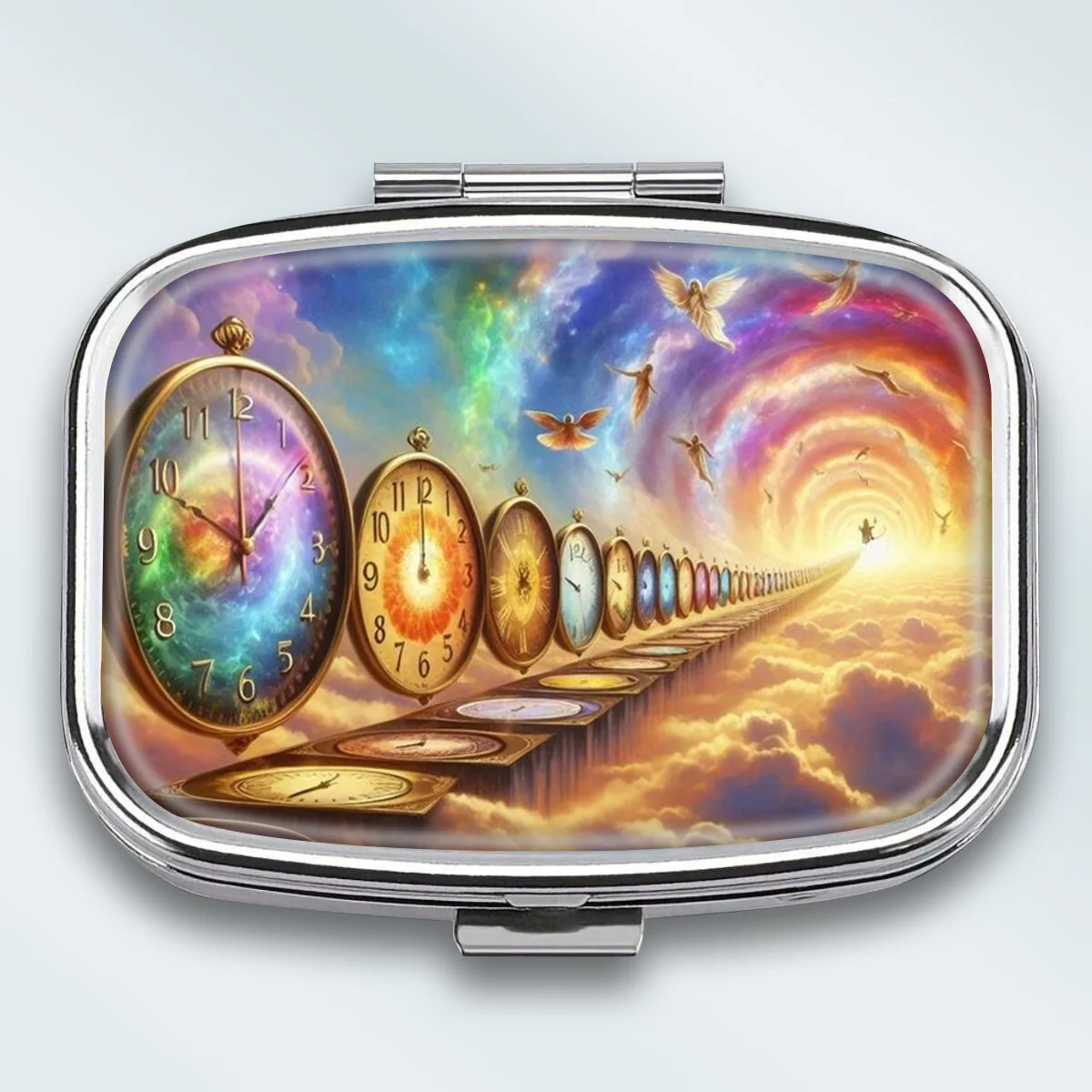 1Pc, Flat, Warm Orange Flame Style Halloween Ghost Monster Pumpkin Bat Cartoon Illustration Pattern, Square Two-Compartment Small Pill Organizer, Portable Medicine Storage, Can Also Be Used as a Household Portable Organizer, Decorative Box, Perfect for Handbags, Wallets, and Travel, Metal Storage Box, Small Jewelry Organizer, Ideal Choice for Holiday Gifts, Souvenirs, Prizes, and Small Gifts