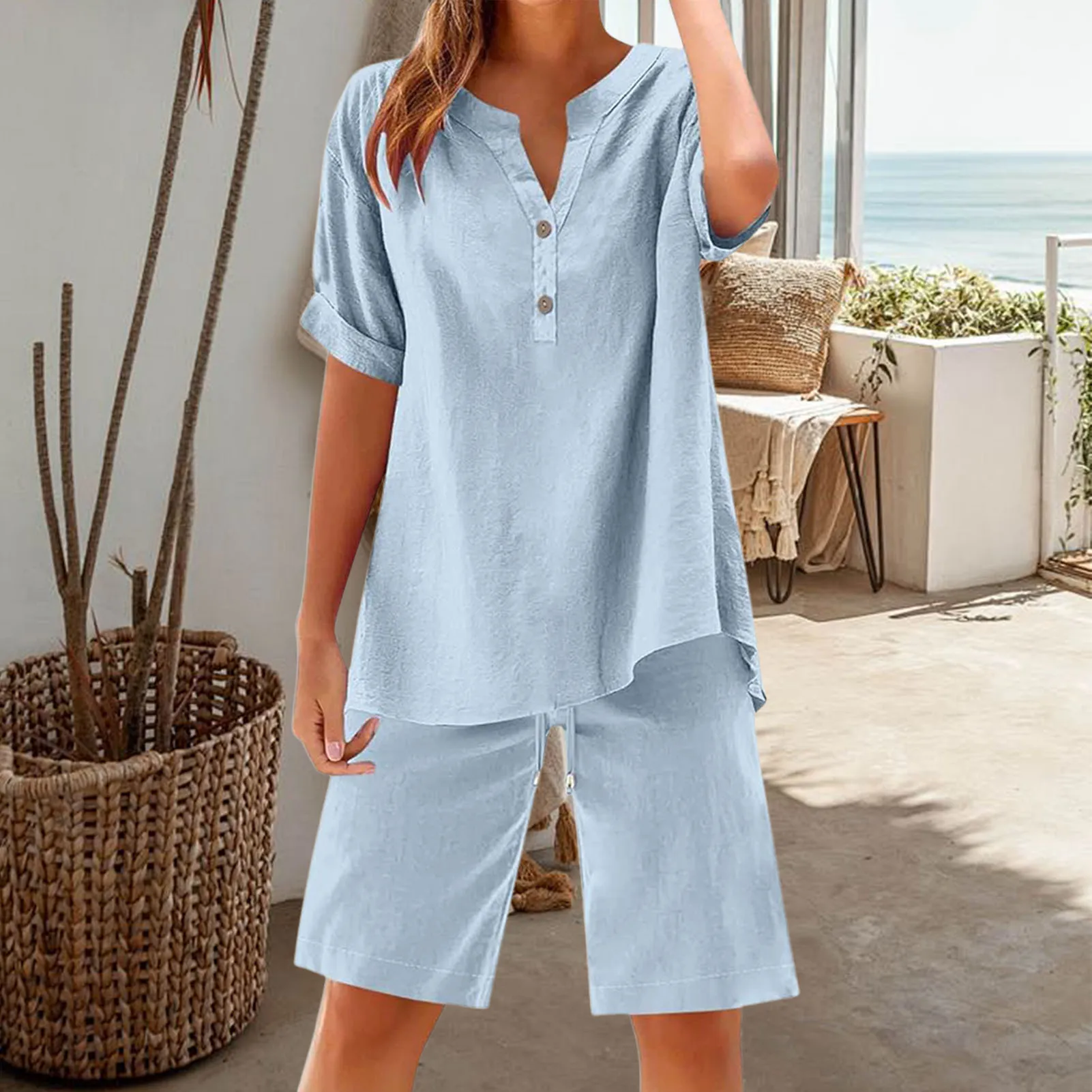 Women\'s Casual Suits Stylish Women\'s Cotton Linen Summer Suit with Wide Leg Pants Casual Loose Fit Two for Ladies for Summer