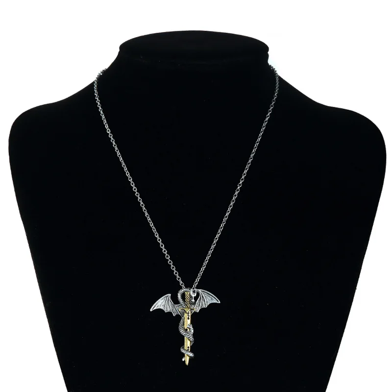 Dragon Wings Pendant Necklace Cross Sword Pterosaur Vintage Punk Jewelry for Men Women Christmas Birthday Gift