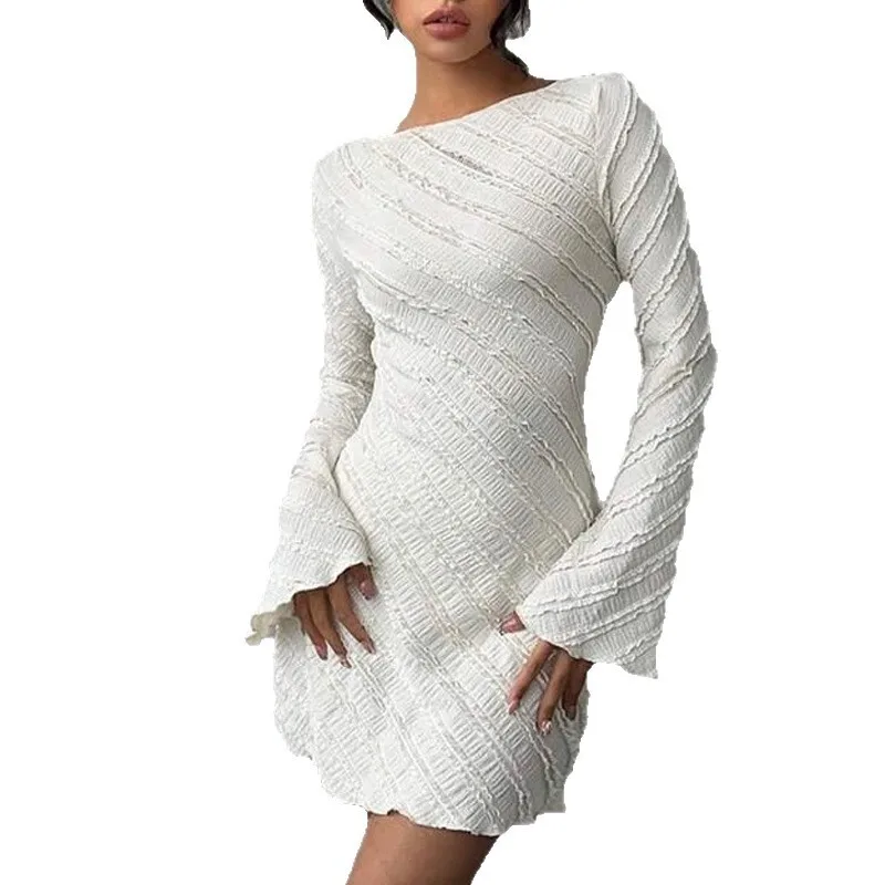 Women's New White Knitting Dress Boat Neck A Line Mini Long Sleeve Backless Dress Open Back Lace Up Elegant Dress