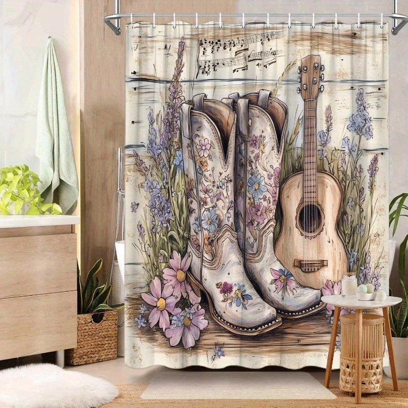 1pc Cowboy Boots & Guitar Shower Curtain - Intricately Embroidered White Boots with Floral Patterns, Rustic Wooden Guitar & Purp