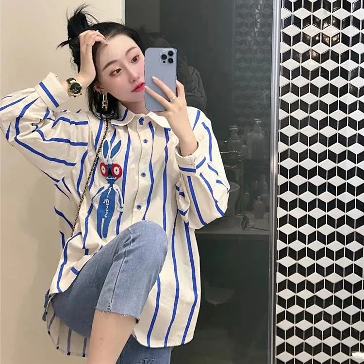 

Retro Striped Embroidered Rabbit Long Sleeve Women's Shirt Spring New Design Loose Fit Neck Polyester Casual Top
