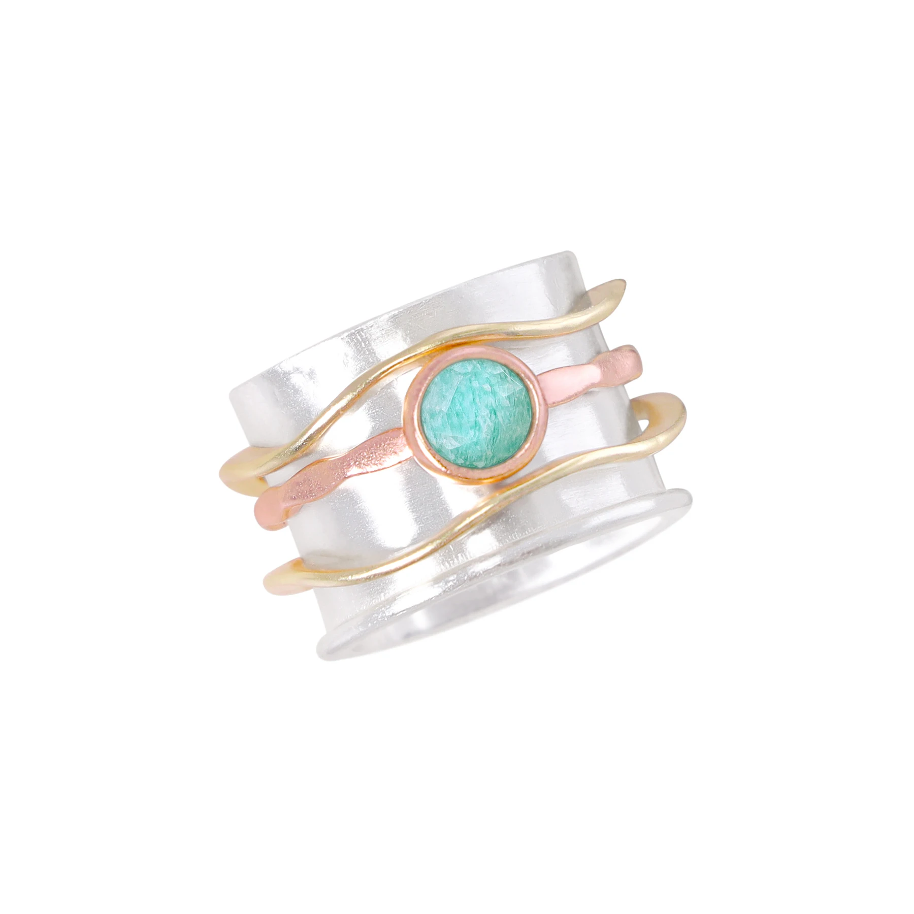 Russia Amazonite Handmade Tri-Tone Spinner Ring for Women Fashion Fidget Spinner Ring Anti Stress Ring