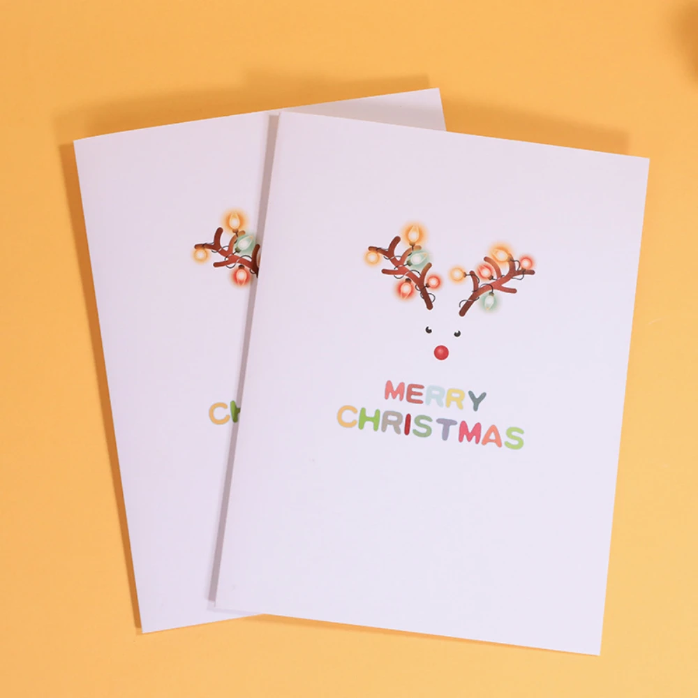 【Three-dimensional cardboard】Christmas 3D Greeting Card Skiing Reindeer Paper Carving Handmade Creative Blessing Message Card