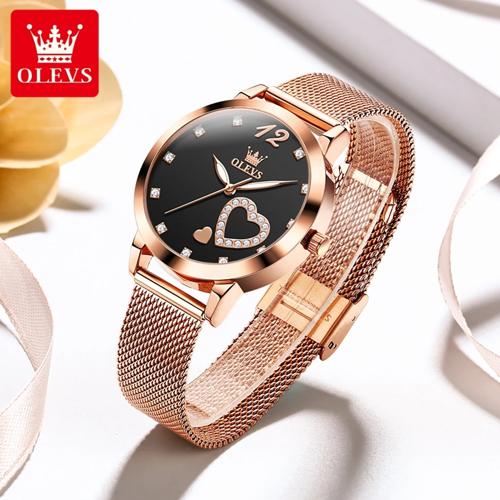 OLEVS 5189 Simple Quartz Watch for Women Diamond Love Heart Design Fashion Elegant Rose Gold Steel Strap Waterproof Ladies Watch