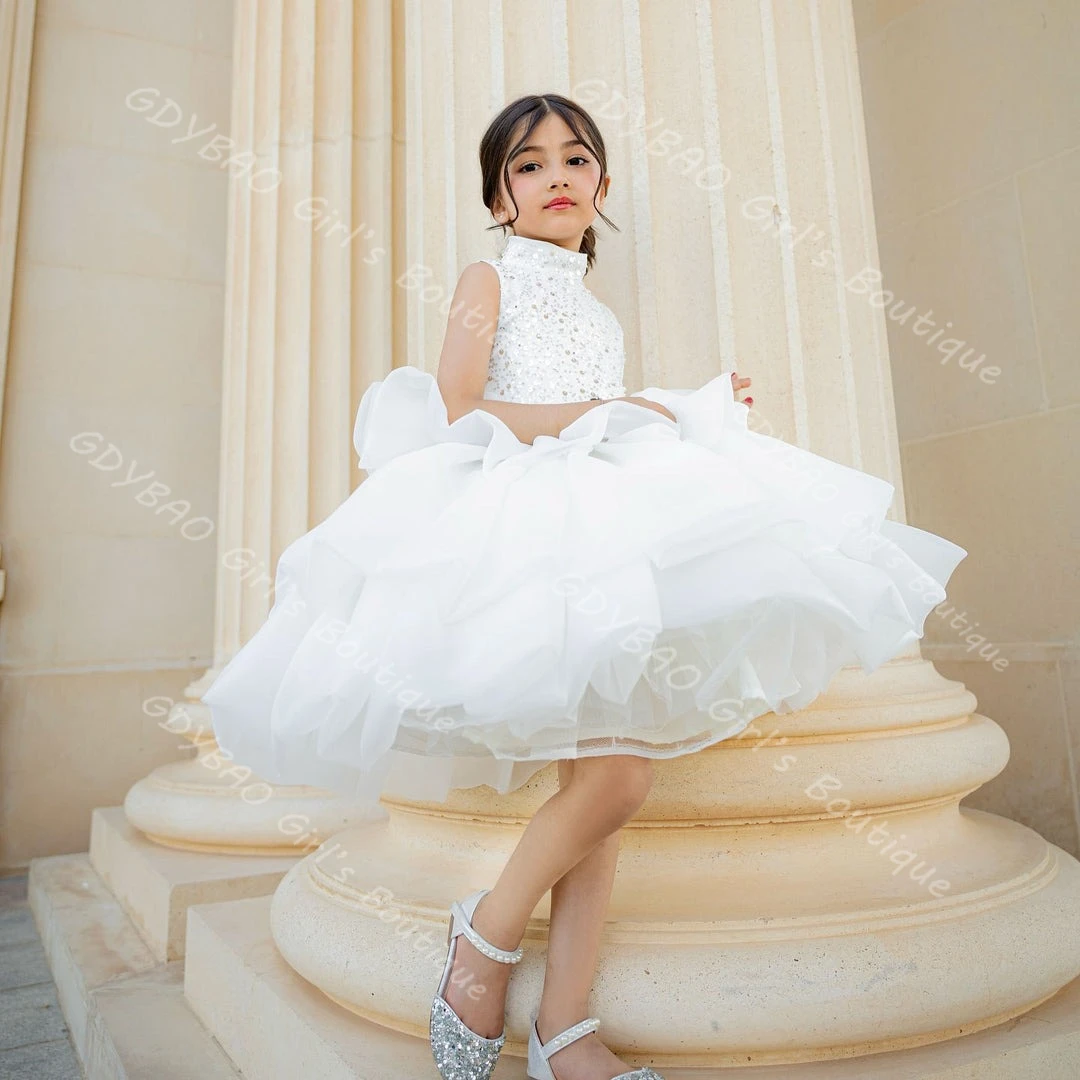 결혼식을위한 흰 꽃 소녀 드레스 유아 스팽글 계층화 된 Organza 공주 미인 대회 드레스 어린이 생일 파티 볼 가운 맞춤