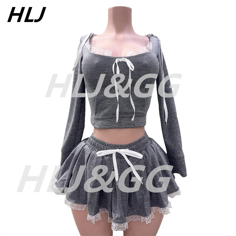 HLJ Gray Y2K Fashion Bow Lace Splicing Hooded Two Piece Sets Women O Neck Long Sleeve Crop Top And Pleated Mini Skirts Outfits