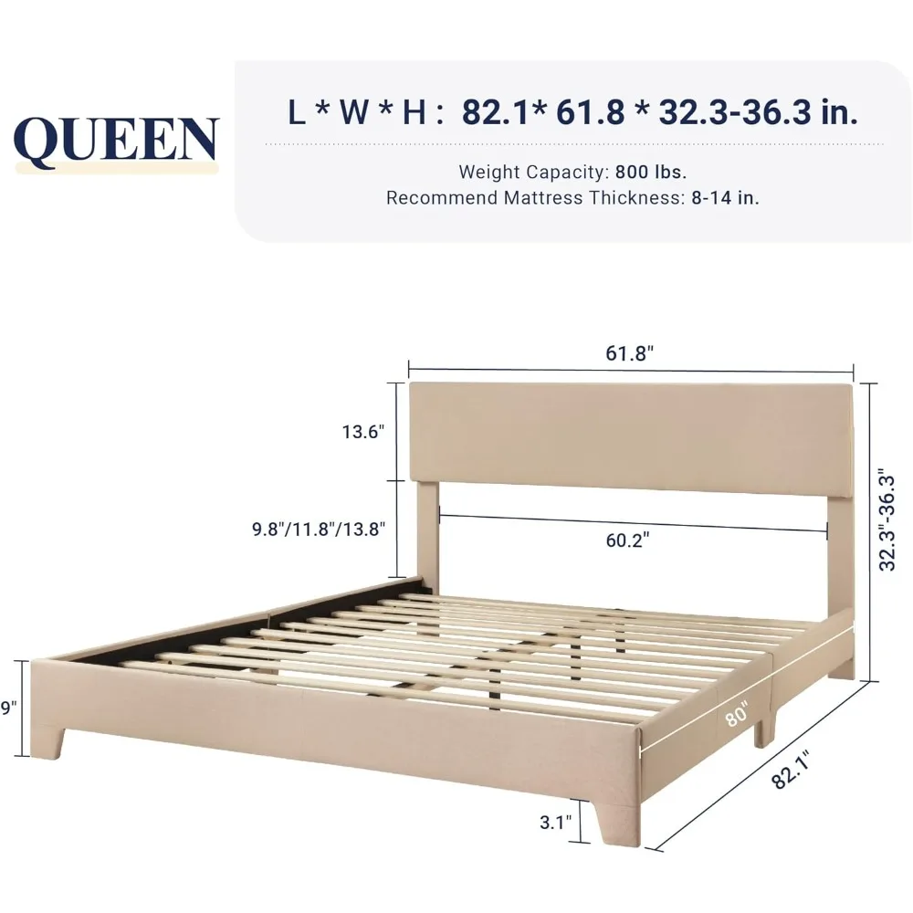 Queen Size Bed Frame with Adjustable Headboard, Upholstered Platform Bed with Wood Slats, Heavy Duty Mattress Foundation