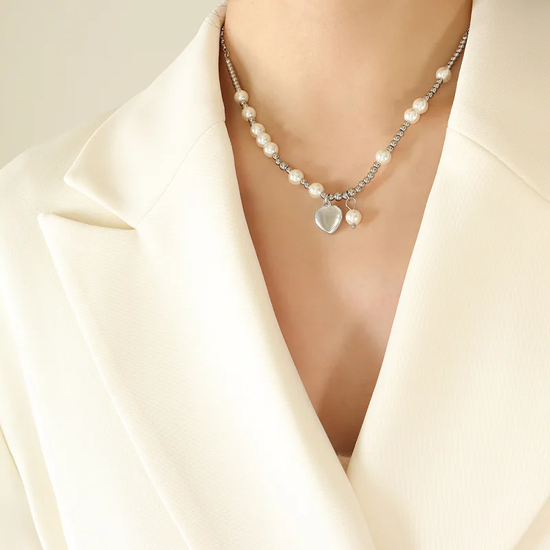 Imitation Pearl Heart Pendant Necklace 18k Gold Plated Stainless Steel Chain Adjustable Women\'s Jewelry for Party Gift