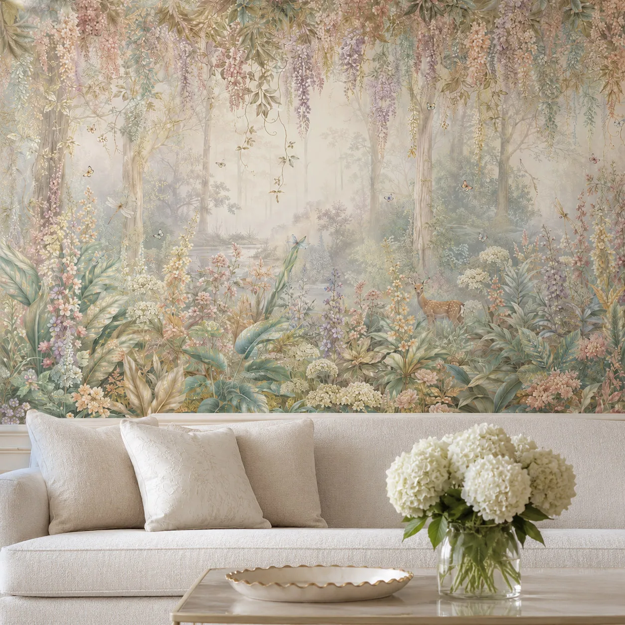 Papier Peint Mural Floreale Forêt Enchantée Rêveuse, Art Mural Botanique Pastel avec Cerfs pour Salon et Chambre, Colle Nécessaire