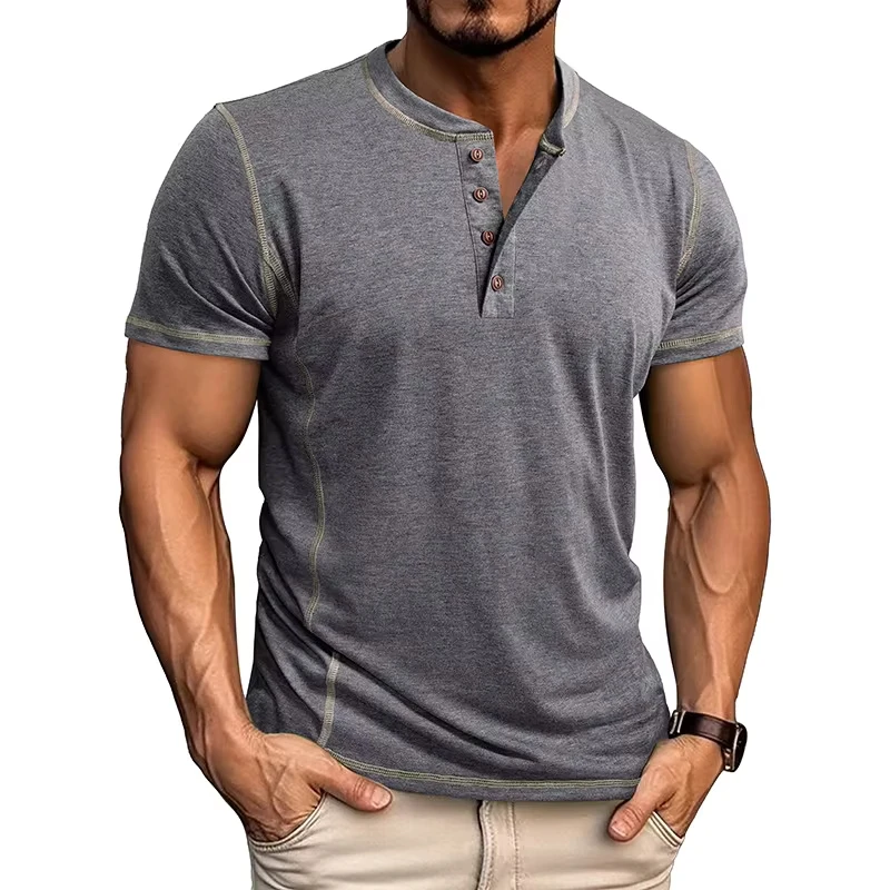 

Summer Europe and The United States Men's Short Sleeve Henry Shirt Fashion Business and Casual Short Sleeve Men's T-shirt Top
