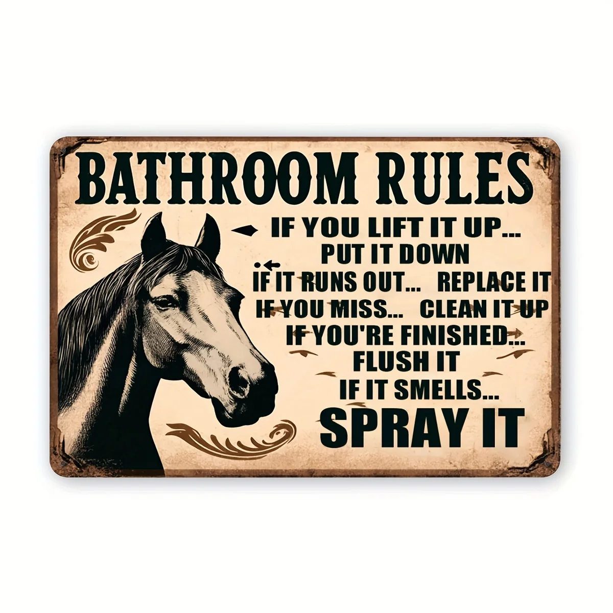 Set of 1,    Horse Illustration Bathroom Rules Metal Tin Sign - Durable, Waterproof, and Weatherproof for Rustic Home Decor