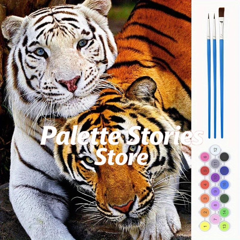 

1pc Adult Digital Oil Painting Set - White and Yellow Tigers | 40x50 cm/15.7x19.6 inches, Painting Toolkit, Frameless Decorative