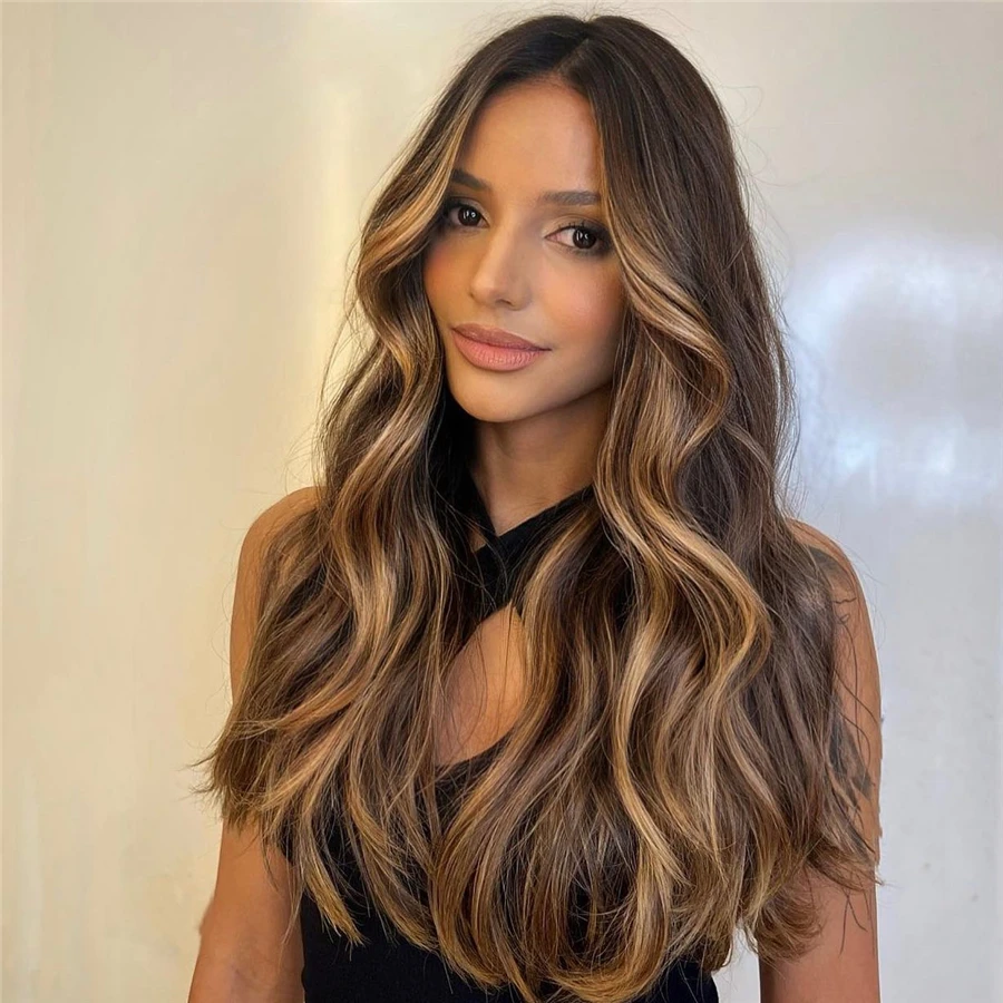 

Длинный вьющийся парик из синтетического термостойкого волокна средней части для женщин - Парик для повседневного использования в темно-коричневом корне, золотисто-медный, коричневый