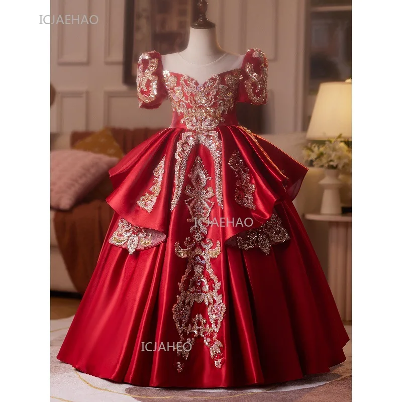 Party Dress Red Children Girls Pageant Host Birthday Wedding Flower Girl Piano Recital Performance Gown Toddler Formal Dresses