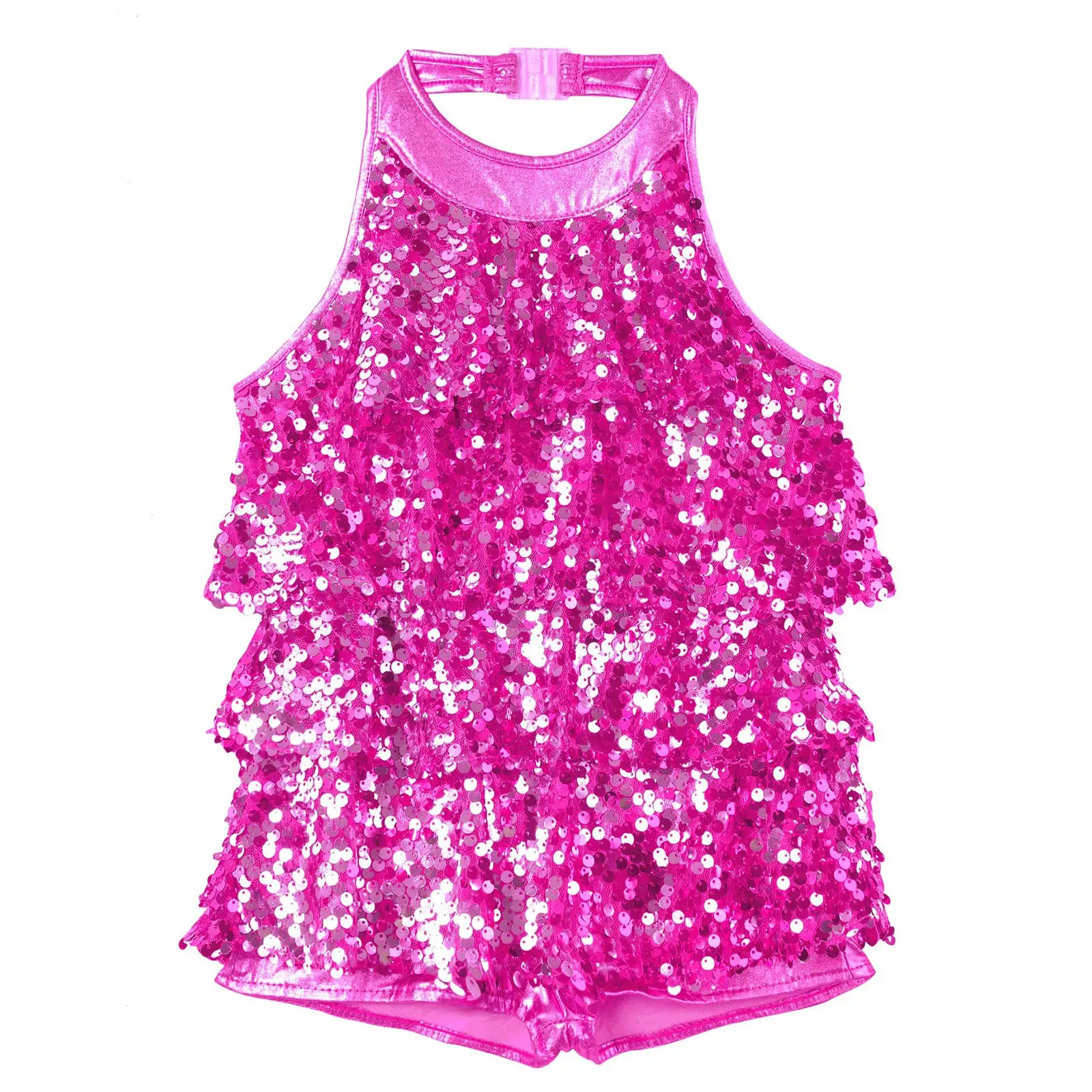 Kids Girls Ballet Modern Jazz Latin Dance Costume Halter Shiny Sequins Shorty Unitard Dress Stage Performance Clothing Dancewear