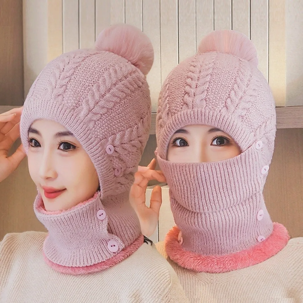 

Warm Wool Knitted Women Wool Knitted Hat Thick Keep Face Warmer Knit Scarf Cap Face Warmer Pompoms Cap