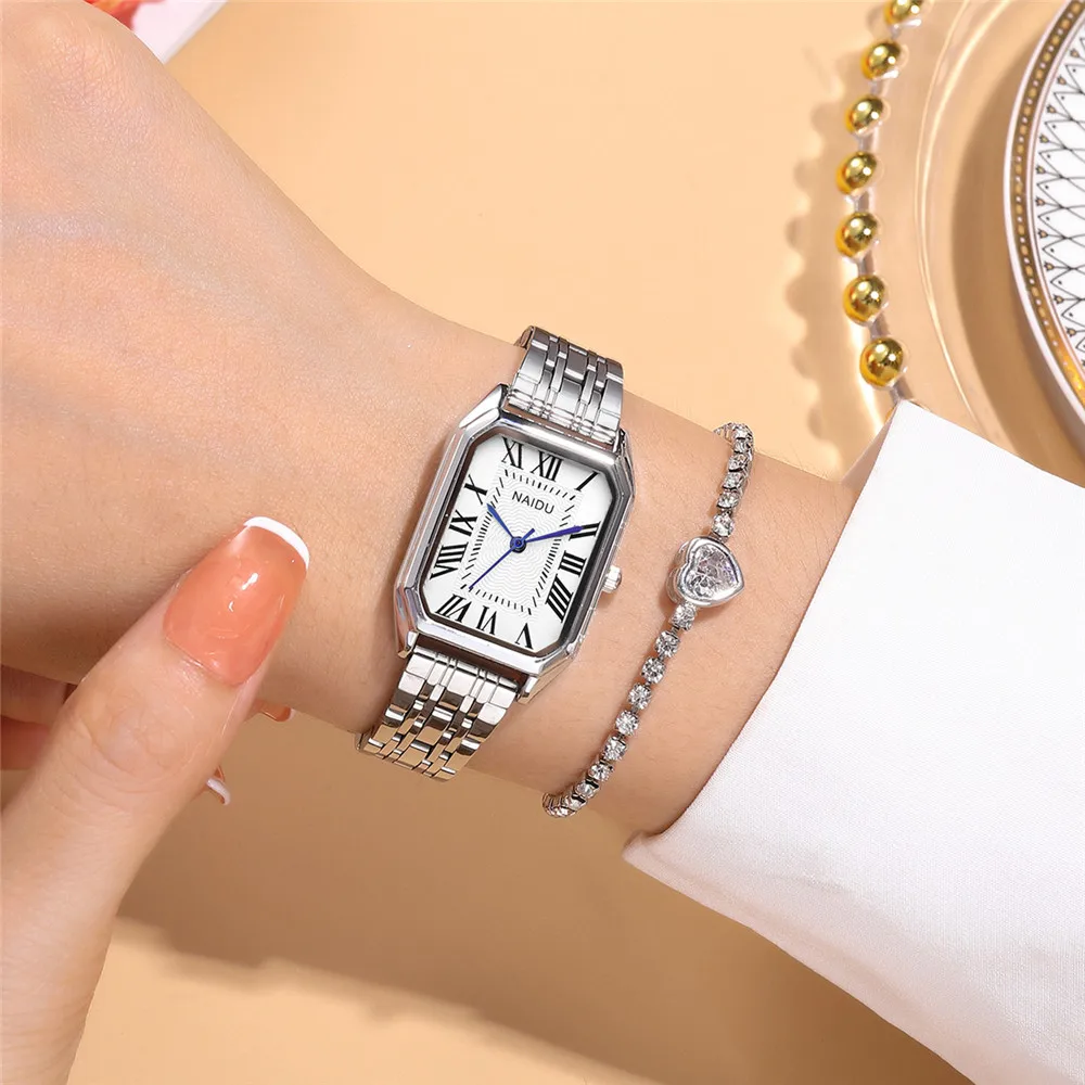 2pcs/set luxury rectangle dial quartz women steel wrist watch