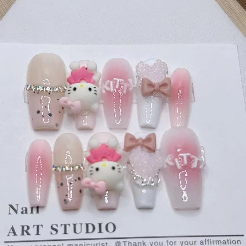 Pink Handmade Imprensa nas unhas, Hellokitty Charme, arco amor decorado, remendo prego falso, unhas acabadas, Dicas Manicure Art, 10pcs