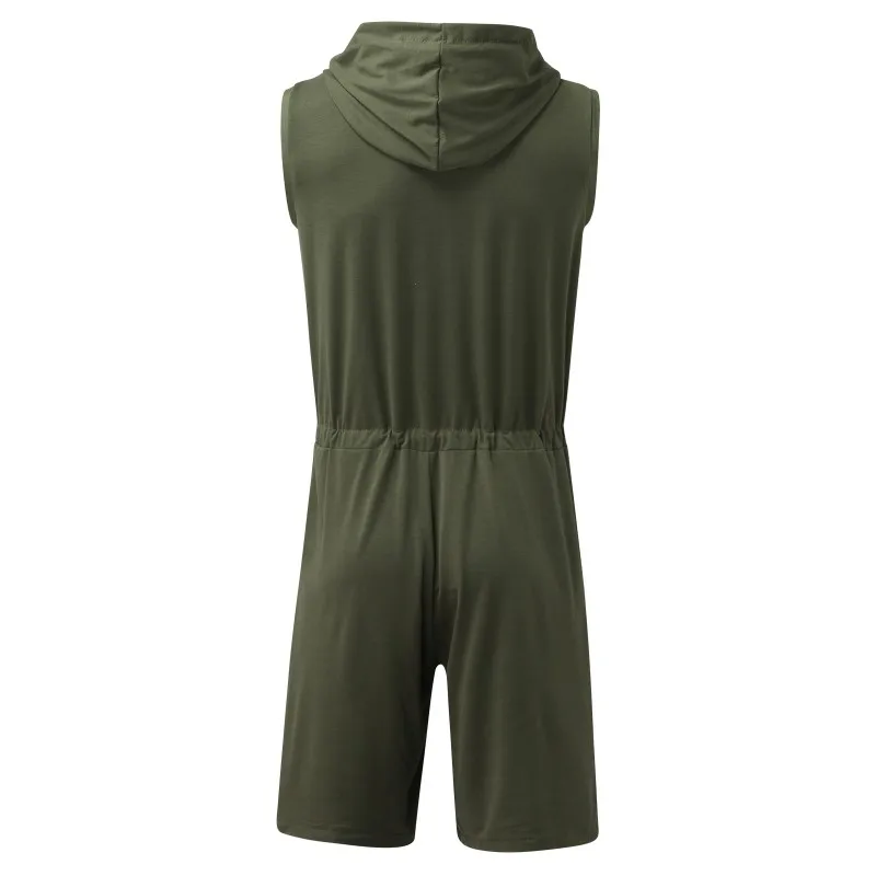 Men Short Jumpsuit Tight Sleeveless Bodysuit Zipper Hooded Rompers Short Pants Casual Home Wear Tracksuit Pajamas