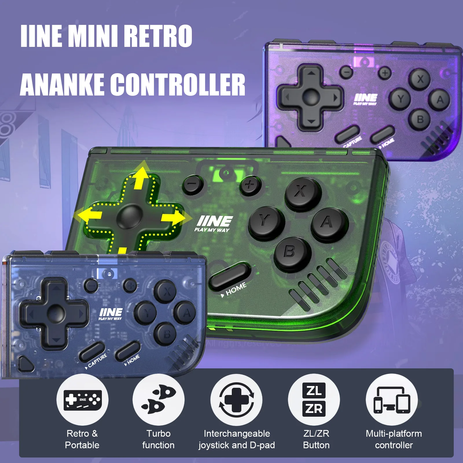IINE Retro Mini Controller Ananke with Turbo Function Interchangeable Joystick And D-Pad Multi-platform ZL And ZR Buttons