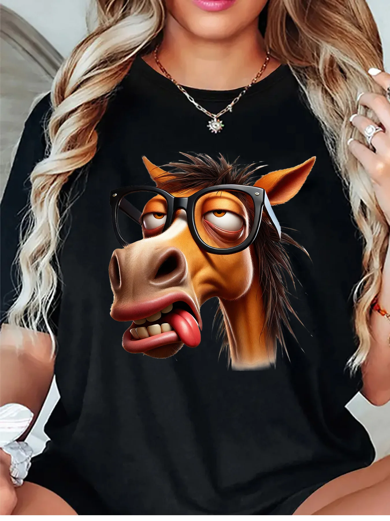 Funny Horse With Glasses Sticking Tongue Cartoon Art Print Graphic Womens T Shirt Short Sleeve Crew Neck Casual Ladies Tee Tops