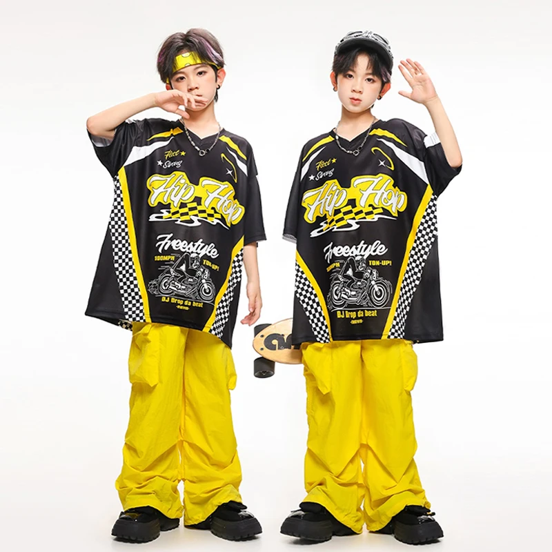 New Children's Hip Hop Street Dance Trendy Clothing Boys Short Sleeve Set Cool Kid‘s Drum Jazz Dance Performance Costume XH819