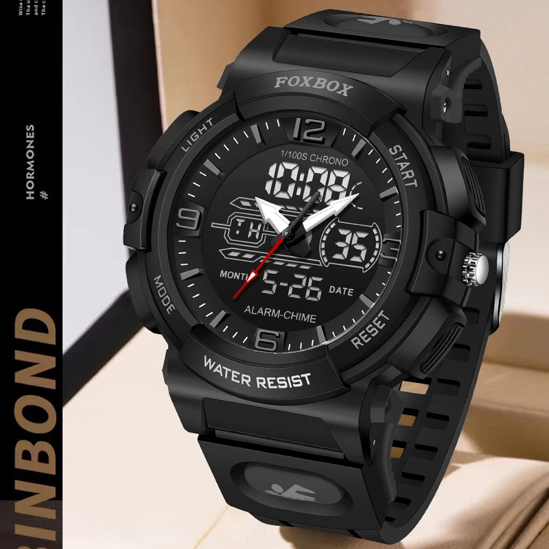 Novo foxbox relógio eletrônico masculino moda à prova dwaterproof água luminosa quartzo alarme semana casual esporte data automática duplo display digital relógios