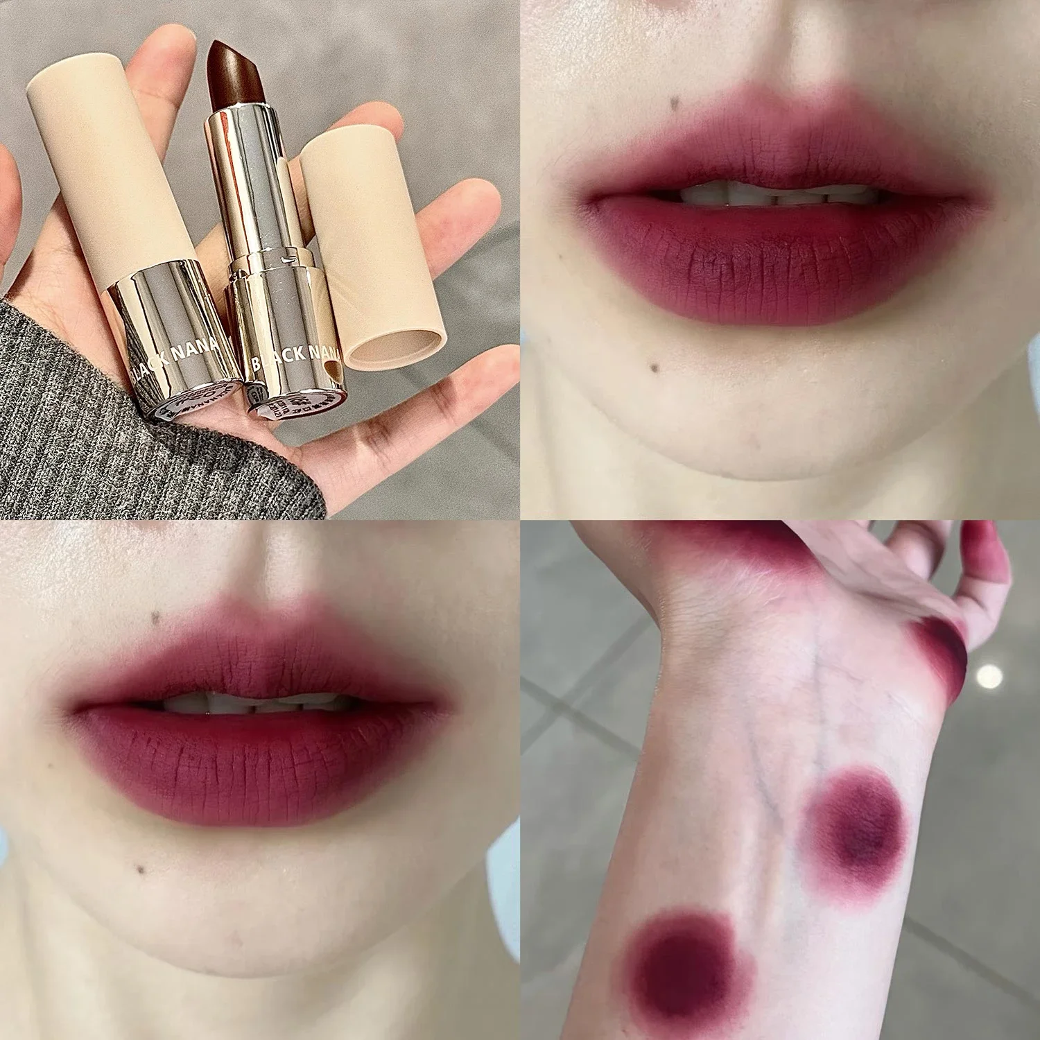 Lápiz labial de terciopelo mate ciruela oscura, aplicación suave, lápiz labial Natural altamente pigmentado de larga duración, cosmético de labios rosa marrón desnudo