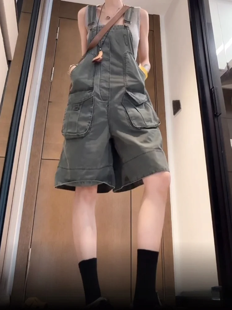 

Американские джинсы-комбинезоны в стиле High Street с большими карманами, женские, сексуальные, ретро, свободные, в стиле BF, однотонные, с пятью карманами, в стиле Lazy Style