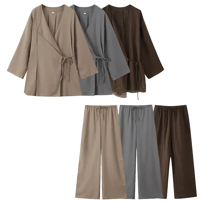 2024 frauen Mode 2-teiliges Set Solide Lace Up Shirts & Vintage Elastische Taille Hosen Weibliche Chic Dame Hosen Sets