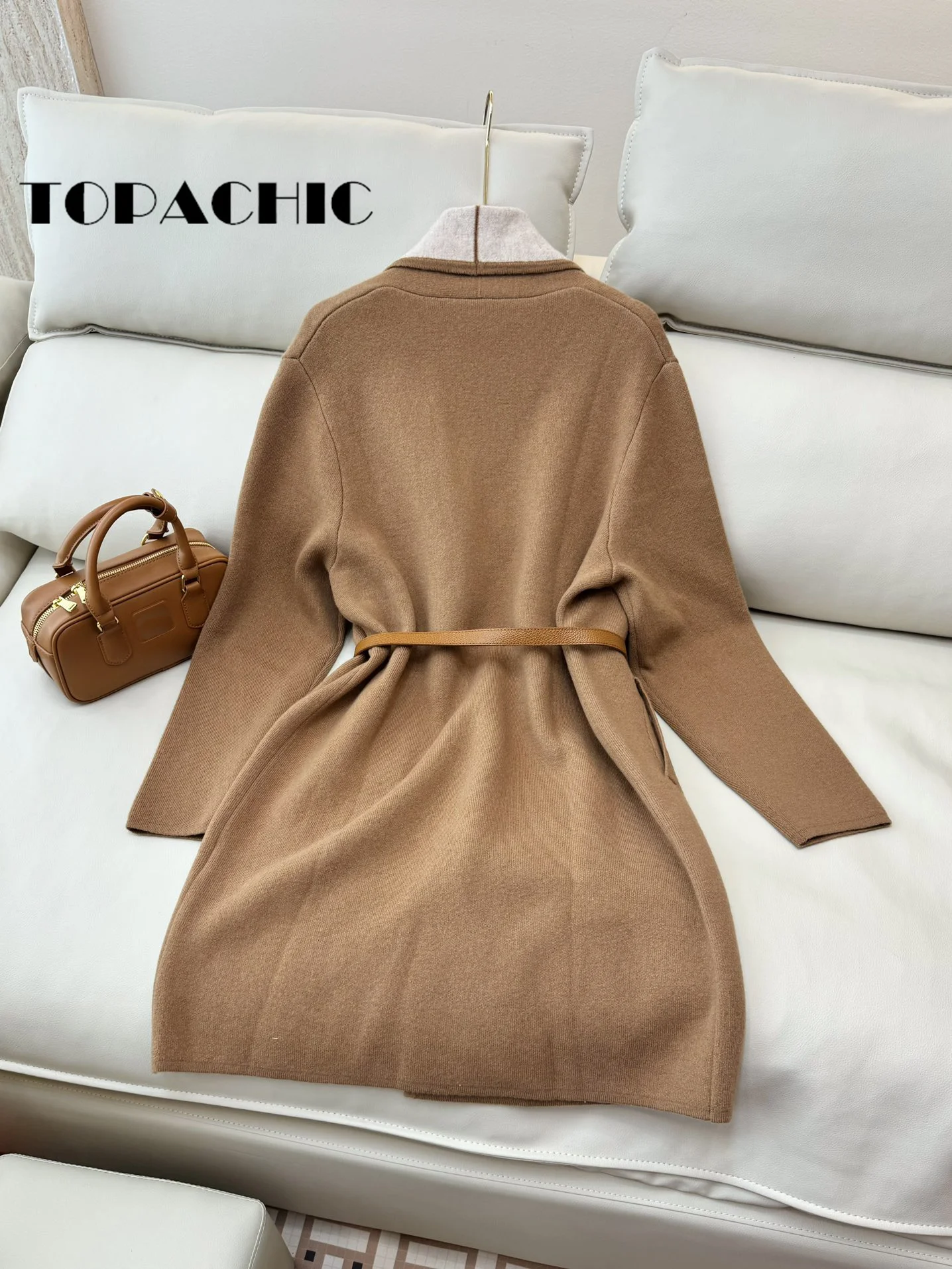 9.4 TOPACHIC Women\'s Elegant Double-Suede Spliced Color Lapel Wool Knit Cardigan Leather Sashed Collect Waist Long Knit Coat