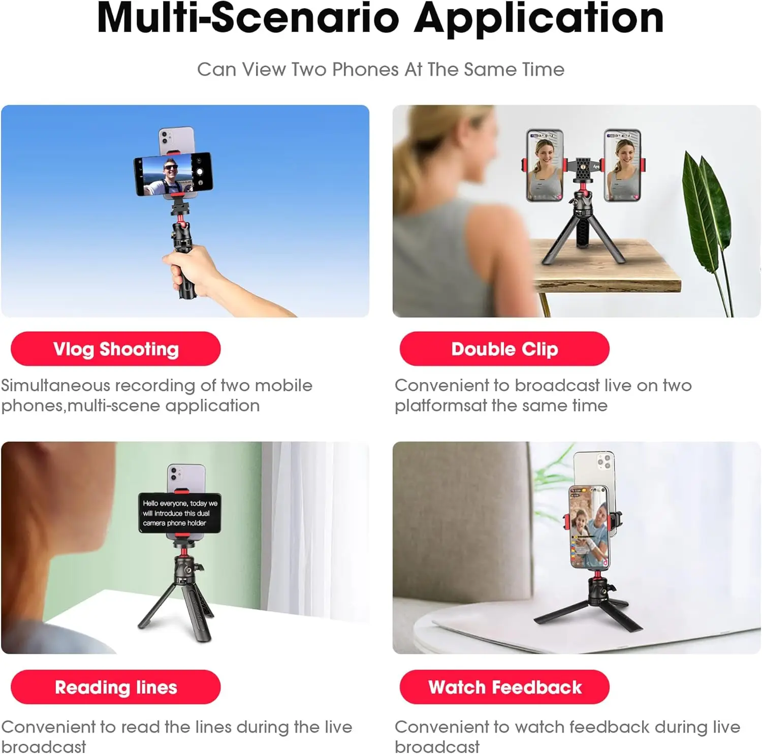 360° Rotatable Dual Cell Phone Holder Clip Clamp 4 Cold Shoe, 1/4\'\' Screw Tripod Monopod Selfie Stick Vlog Live Streaming Video