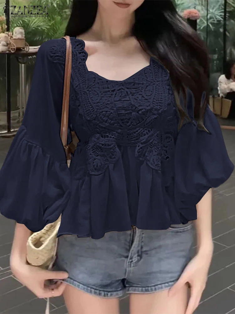 بلوزة نسائية من الدانتيل الصلبة بياقة مربعة قطع علوية للخريف من ZANZEA 2025 موضة 3/4 كم فانوس سترة أنيقة بلوفرات فضفاضة غير رسمية #3