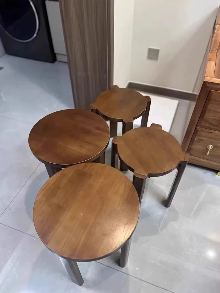 4pcs Foldable Solid Wood Stool, Living Room Low Stools, Bedroom Dressing Stool, Dinning Room Dinner Stool,  Round Small Table