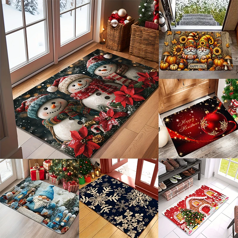 Red Christmas Bauble Doormat  Golden Snowflake Sparkle Star Happy Holiday Front Entry Decor Rug