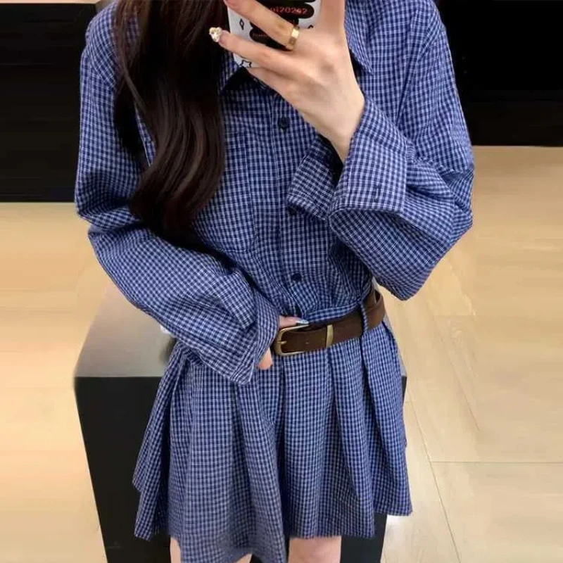 Korean College Style Design, Retro Blue Checkered Long Sleeved Shirt, Pleated Niche Dress