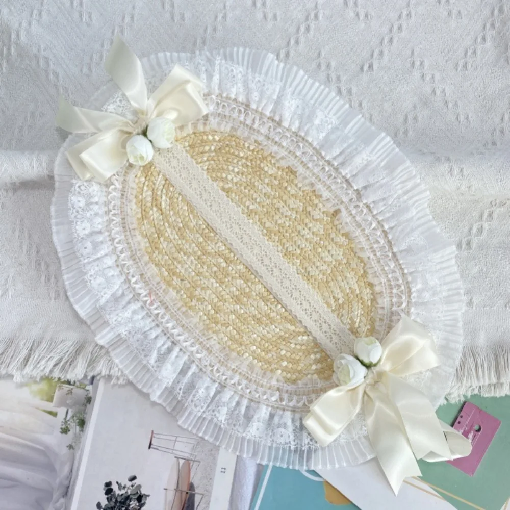 French Rural Style Lolita Straw Hat Ruffle Lace Ribbon Bow Girl Sun Hat With Strap Ribbon Flower Handmade Flat Top Hat