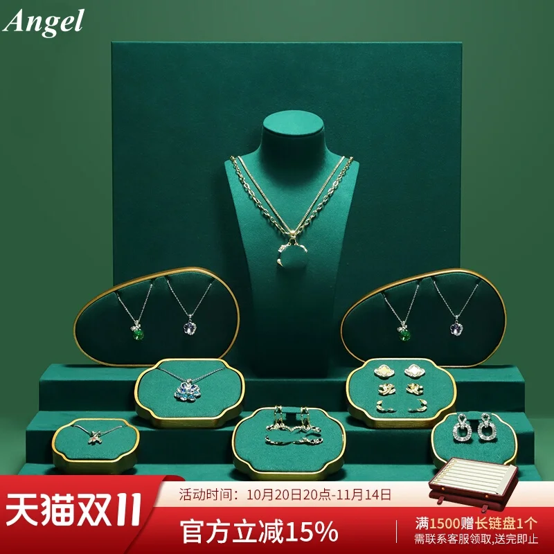 

Luxury Emerald Green Vegan Leather Jewelry Display, Commercial Stand Holder for Rings Necklace Earrings Bracelets, Store Window