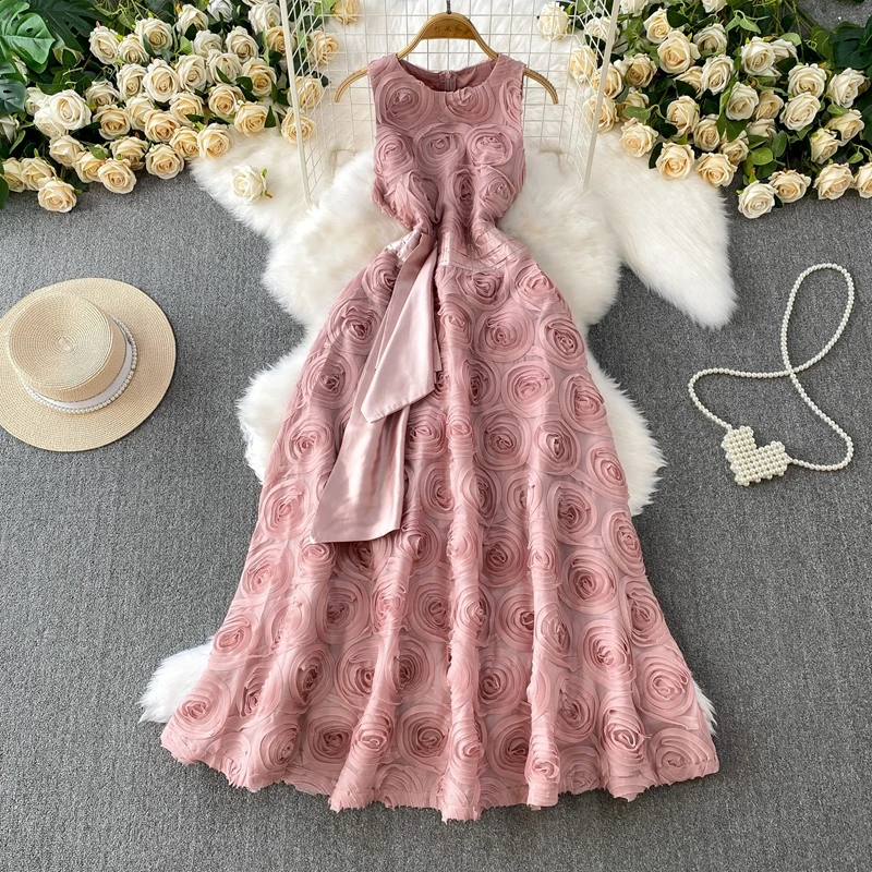 

High End Three-Dimensional Floral Round Neck Sleeveless Dress Women's Summer High-End Waist Cinched Dinner Party Dress