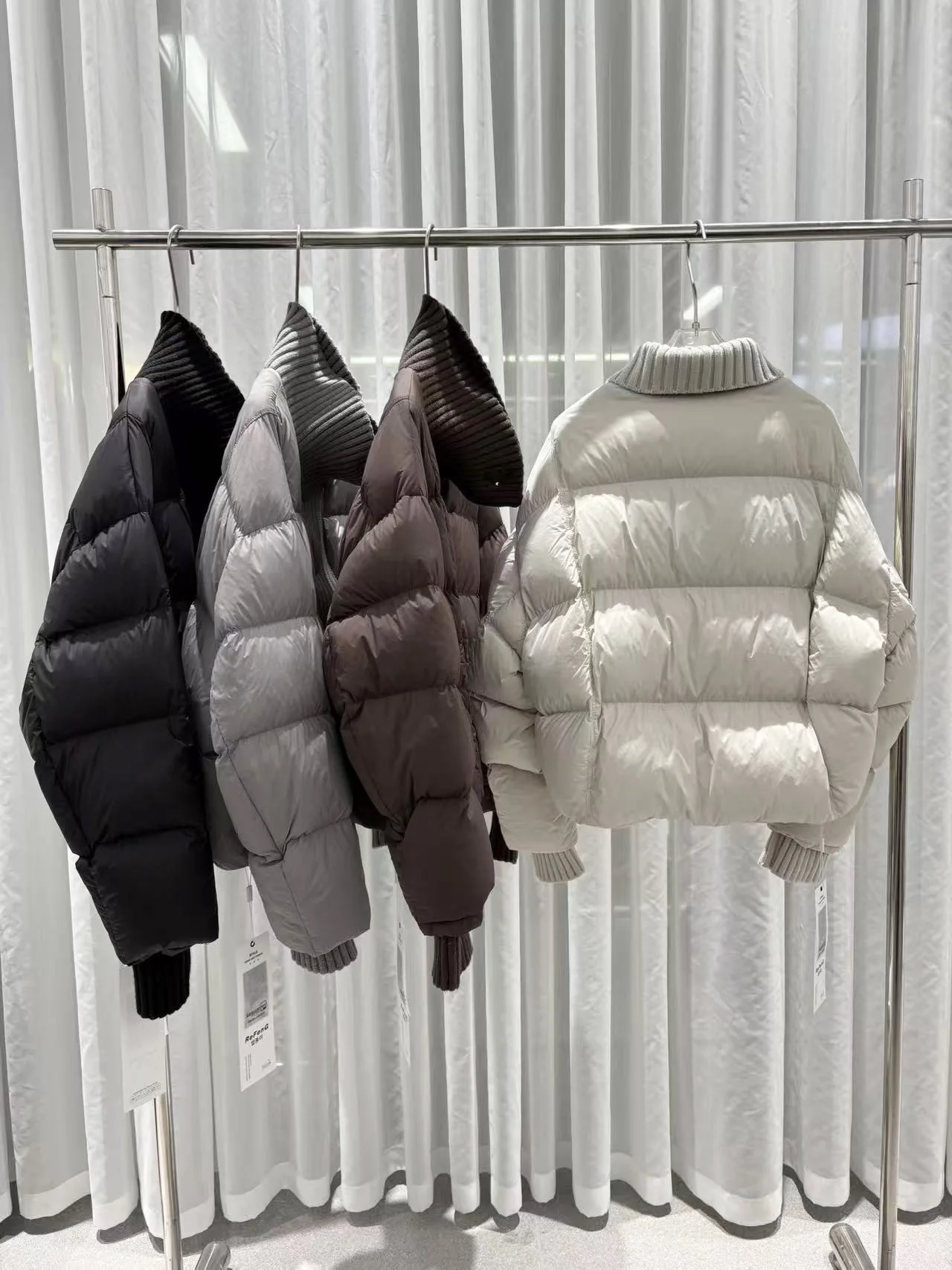 Women's Short Down Coat Knitting Spliced Stand Collar Puffer Jacket Winter Single Breasted Loose Casual Chic Thick Warm Overcoat